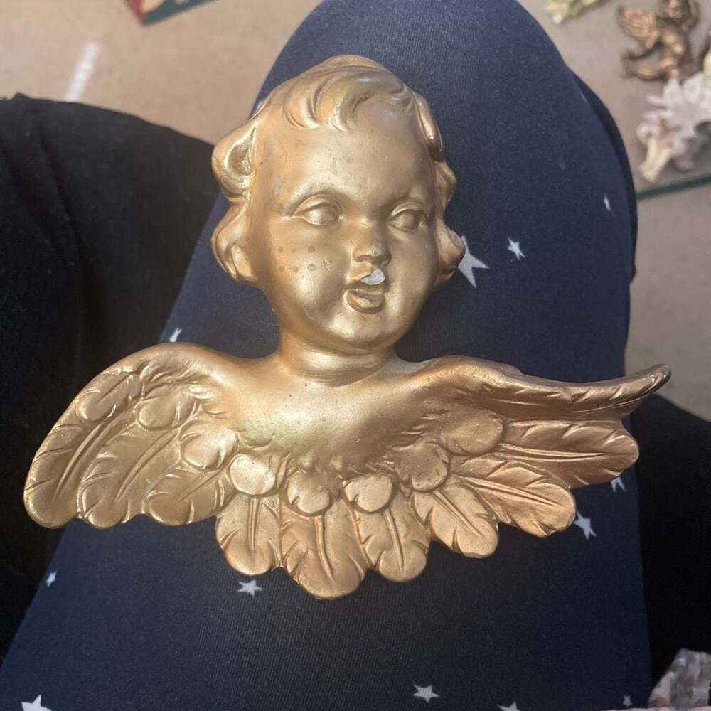 Vintage Gold Gilt CeramicCherub Angel Head Wall Hanging Decor Plaque